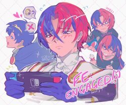  1girl 2boys blue_eyes blue_hair breasts can colgate commentary drink_can english_commentary female_alear_(fire_emblem) fire_emblem fire_emblem_engage heterochromia jeqrow jewelry male_alear_(fire_emblem) marth_(fire_emblem) medium_breasts multicolored_hair multiple_boys nintendo_switch pepsi red_eyes red_hair ring soda soda_can speech_bubble toothpaste two-tone_hair 