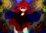  1girl blouse bow cape eyelashes hair_bow hand_on_own_chest looking_at_viewer moryu multicolored_background parted_lips red_eyes redhead sekibanki short_hair skirt solo squinting touhou willow wind_lift 