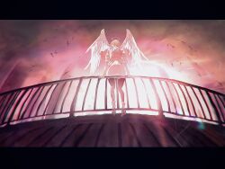  angel angel_wings bird black_leggings blonde_hair blurry blurry_background building capelet commentary_request feathered_wings fence from_behind halo highres iron_fence jujutsu_kaisen kurusu_hana leggings letterboxed light_rays masapa8 pink_capelet pink_sweater ribbed_sweater shoes sitting sitting_on_fence sunbeam sunlight sweater too_many too_many_birds white_shoes wings yellow_halo 