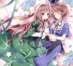  2girls blue_dress blue_rose bonnet brown_hair closed_eyes dress flower green_dress heterochromia holding_hands interlocked_fingers lolita_fashion long_hair looking_at_viewer multiple_girls nanase_nao petals rose rozen_maiden short_hair short_over_long_sleeves shushing siblings sisters sleeping smile souseiseki star suiseiseki twins very_long_hair vines 