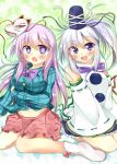  2girls :o ankle_boots blouse blue_eyes blush boots breast_rest breasts detached_sleeves green_background hands_in_lap hat hata_no_kokoro japanese_clothes kariginu kuzumomo lavender_hair long_hair long_sleeves looking_at_viewer midriff mononobe_no_futo multiple_girls navel open_mouth outline ponytail ribbon seiza silver_hair sitting skirt star starry_background tate_eboshi touhou very_long_hair violet_eyes wariza 