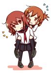  2girls blush brown_eyes brown_hair hair_ornament hairclip hands_on_shoulders ikazuchi_(kantai_collection) inazuma_(kantai_collection) kantai_collection multiple_girls open_mouth pantyhose personification piggyback school_uniform serafuku short_hair simple_background skirt wavy_mouth white_background 