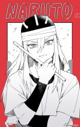  1girl border commentary copyright_name english_commentary flute hair_between_eyes hand_on_own_chin helmet highres holding holding_flute holding_instrument instrument kazari_tayu long_hair looking_at_viewer monochrome musical_note naruto_(classic) naruto_(series) red_border shirt short_sleeves tayuya_(naruto) twitter_username undershirt upper_body white_background 