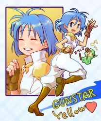  1boy 1girl arm_up armor blue_eyes blue_hair boots character_name character_profile english_text facing_viewer fingerless_gloves fingernails full_body gloves gunstar_heroes gunstar_yellow happy heart jumpsuit musical_note okeko open_mouth running sega shadow shoulder_armor simple_background smile waving white_jumpsuit yellow_(gunstar_heroes) 