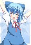  1girl arms_up blue_dress blue_hair blush bow cirno closed_eyes dress fang hair_bow ice ice_wings masiromu open_mouth puffy_sleeves shirt short_sleeves smile solo touhou wings 