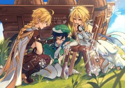  1girl 2boys :d aether_(genshin_impact) ahoge alcohol artist_name barrel beret black_bow black_bowtie black_gloves black_hair blonde_hair blue_hair blue_sky blurry blurry_foreground boots bottle bow bowtie braid braided_ponytail brown_boots brown_gloves brown_pants brown_shirt cape capelet chair cheek_poking closed_eyes clouds commentary crop_top dandelion dandelion_clock dandelion_seed day dress drunk english_commentary flower frilled_sleeves frills genshin_impact gloves gradient_hair grass green_cape green_capelet green_hat green_shorts hair_between_eyes hair_flower hair_ornament hand_up hat instagram_logo kneeling laughing long_hair long_sleeves looking_at_another lumine_(genshin_impact) medium_hair multicolored_hair multiple_boys open_mouth outdoors pants pantyhose poking puffy_shorts shirt short_hair_with_long_locks short_shorts short_sleeves shorts side_braids sidelocks single_braid sky sleeveless sleeveless_dress smile soulc1ty squatting teeth thigh_boots twin_braids twitter_logo upper_teeth_only vambraces venti_(genshin_impact) wagon white_boots white_cape white_dress white_flower white_pantyhose white_shirt wooden_chair yellow_eyes 