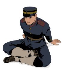  1boy arm_support black_eyes black_hair boots brown_boots commentary_request dakuonpu facial_hair from_above full_body goatee golden_kamuy hat highres imperial_japanese_army indian_style male_focus military_hat military_uniform no_scar ogata_hyakunosuke sitting solo 