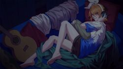  1girl barefoot black_shorts blonde_hair blue_eyes blue_shirt bow commentary_request couch guitar hair_bow hairband hand_on_headphones head_on_pillow headphones highres instrument kagamine_rin off_shoulder on_couch pillow shirt short_hair short_sleeves shorts solo two-tone_shirt unworn_clothes vocaloid white_bow white_hairband white_shirt wounds404 