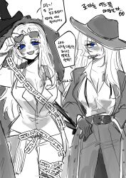  2girls absurdres blue_eyes commentary_request cowboy_shot gloves highres korean_commentary limbus_company long_hair long_sleeves looking_at_viewer monochrome multiple_girls necktie open_mouth pants pmchell_04 project_moon rodion_(project_moon) side-by-side simple_background sketch smile unfinished wavy_hair white_background 