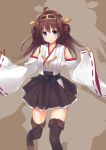  1girl bare_shoulders blush boots breasts brown_hair detached_sleeves double_bun grey_eyes hair_ornament hairband headgear highres ite_fuji japanese_clothes kantai_collection kongou_(kantai_collection) long_hair miko panties personification silhouette skirt smile solo thigh_boots thighhighs underwear white_panties wide_sleeves 