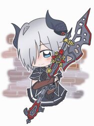  1girl assault_lily black_bow black_bowtie black_gloves black_horns black_jacket black_skirt blue_eyes blush bow bowtie brick_wall bridal_gauntlets brown_bridal_gauntlets chibi closed_mouth commentary_request cowboy_shot cropped_legs demon_horns gloves grey_background grey_hair hair_between_eyes hair_over_one_eye hand_up highres holding holding_polearm holding_weapon horns hugging_object jacket kasa_(kasa_mayulove) medium_hair miniskirt one_eye_covered polearm sekino_youko short_sleeves single_glove single_horizontal_stripe skirt smile solo standing striped_clothes striped_skirt weapon 