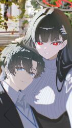  1boy 1girl black_hair black_halo blue_archive blue_eyes blurry blurry_background breasts bright_pupils collared_shirt commentary grin hair_behind_ear hair_ornament hairclip halo head_on_chest highres lanyard large_breasts long_hair looking_at_viewer millennium_science_school_logo multicolored_halo red_eyes ringed_eyes rio_(blue_archive) sensei_(blue_archive) sensei_(blue_archive_the_animation) shi_draco shirt signature smile sweater turtleneck turtleneck_sweater two-tone_halo upper_body white_pupils white_shirt white_sweater 