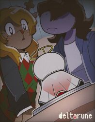  2girls antlers blonde_hair brown_hair checkered_clothes checkered_sweater_vest checkered_vest colored_skin commentary_request deer_antlers deer_girl deltarune freckles furry furry_female green_sweater highres horns long_hair multiple_girls noelle_holiday purple_skin reindeer_girl reptile_girl shio_tou shirt soul_(deltarune) susie_(deltarune) sweater two-tone_sweater_vest utdr_(toby_fox) vest 