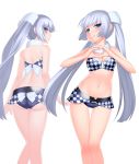  2girls absurdres ass bikini blue_eyes breasts cleavage dual_persona heart heart_hands highres long_hair lucknight midriff miss_monochrome miss_monochrome_(character) multiple_girls navel silver_hair swimsuit twintails very_long_hair 