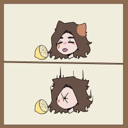  1girl androura animal_ears brown_hair closed_eyes food fruit head_only highres lemon meme original shaking thour_(meme) tongue tongue_out 