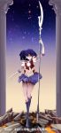  1girl bishoujo_senshi_sailor_moon boots bow character_name cross-laced_footwear crystal earrings elbow_gloves full_body gloves highres hohooting jewelry purple_hair purple_skirt rock sailor_saturn short_hair silence_glaive sky solo standing_on_one_leg star_(sky) starry_sky thigh_gap tomoe_hotaru violet_eyes 