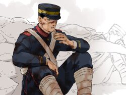  2boys alternate_hair_length alternate_hairstyle black_hair blood blood_on_face blood_on_hands blue_hat blue_jacket blue_pants commentary_request cross_scar dakuonpu eating food food_in_mouth golden_kamuy green_eyes hat highres holding holding_food imperial_japanese_army jacket male_focus military_hat military_jacket military_uniform multiple_boys nosebleed pants partially_colored scar scar_on_cheek scar_on_face scar_on_nose sitting solo_focus sugimoto_saichi 
