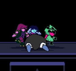  1girl 1other 2boys abbacchio_joins_the_kicking_(meme) animated animated_gif armlet armor black_background black_boots black_cape black_jacket blue_boots blue_hair blue_skin boots cape colored_skin commentary deltarune english_commentary fat fat_man glasses gloves green-framed_eyewear green_robe hair_over_eyes hat jacket jewelry jojo_no_kimyou_na_bouken kicking king_(deltarune) kris_(deltarune) looping_animation medium_hair meme multiple_boys open_clothes open_jacket outdoors pants pink_scarf pink_skin pixel_art purple_hair purple_pants ralsei ralsei_(hat) robe rooftop scarf shaded_face shadowaod short_hair short_sleeves shoulder_armor size_difference spiked_armlet spiked_wristband susie_(deltarune) utdr_(toby_fox) vento_aureo white_gloves wizard_hat 
