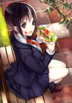  1girl bench branch breasts brown_eyes brown_hair falseele food food_on_face grass hamburger highres large_breasts loafers looking_at_viewer necktie original school_uniform shoes short_hair sitting skirt solo 