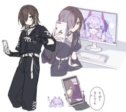  >_< 2girls :d :t bare_shoulders belt belt_buckle black_nails black_pants black_shirt blush brown_hair buckle cellphone closed_eyes closed_mouth clothing_cutout collarbone collared_shirt commentary_request computer_keyboard cropped_legs dress_shirt green_eyes grey_belt hair_between_eyes hair_ornament hair_over_one_eye hairclip headgear hijiri_(resetter) holding holding_phone long_sleeves monitor multicolored_hair multiple_girls nail_polish nayuta_(hijiri) original pants phone pink_shirt puffy_long_sleeves puffy_sleeves purple_hair shirt shoulder_cutout sleeves_past_wrists smile star_(symbol) star_hair_ornament streaked_hair teardrop translation_request x_hair_ornament xd 