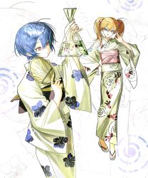  2girls animal_print antenna_hair ayanami_rei bag bags_under_eyes blue_eyes blue_hair bow cowboy_shot dotted_line fish_print floral_print full_body goldfish_print guigui_rongrong hair_between_eyes hair_bow hand_fan hand_on_own_hip hand_up head_tilt highres holding holding_bag holding_fan japanese_clothes kimono medium_hair multiple_girls neon_genesis_evangelion obi orange_hair paper_fan partially_shaded_face patterned_background red_bow red_eyes red_sash sandals sash short_hair souryuu_asuka_langley spiral twintails uchiwa white_background white_kimono wide_sleeves 