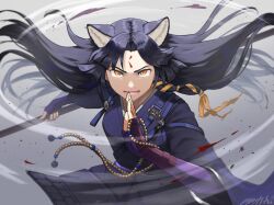  1girl arknights artist_name black_kimono commentary_request floating_hair holding holding_polearm holding_weapon japanese_clothes jewelry kimono long_hair memetaroh naginata necklace orange_eyes parted_bangs pearl_necklace polearm saga_(arknights) smile solo upper_body weapon wide_sleeves wind wind_lift 