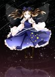  1girl blue_dress boots bow brown_eyes brown_hair capelet cross-laced_footwear dress fairy_wings hair_bow highres long_hair long_sleeves reflection shirt solo star star_sapphire touhou wide_sleeves wind wings yonu_(yonurime) 