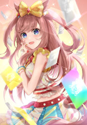  1girl absurdres agnes_digital_(full-color_fangirling)_(umamusume) agnes_digital_(umamusume) animal_ears asaya-bigun beads belt blue_eyes blush bow bracelet breasts card commentary_request hair_bow hand_on_own_face highres horse_ears horse_girl horse_tail jewelry long_hair looking_at_viewer midriff multicolored_nails multicolored_skirt open_mouth pink_hair red_belt single_wrist_cuff skirt sleeveless smile solo tail two_side_up umamusume wrist_cuffs yellow_bow 