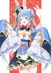  1girl absurdres animal_ears blue_dress blue_hair commentary_request dress highres hololive long_hair looking_at_viewer mocchan_(mo_chan0225) multicolored_hair open_mouth rabbit-shaped_pupils rabbit_ears rabbit_girl sleeves_past_fingers sleeves_past_wrists smile solo symbol-shaped_pupils two-tone_hair usada_pekora usada_pekora_(jiangshi) virtual_youtuber white_hair 