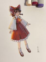  1girl art_tools_in_frame artist_name ascot bow brown_eyes brown_hair commentary_request detached_sleeves frilled_bow frilled_hair_tubes frilled_skirt frills full_body hair_bow hair_tubes hakurei_reimu highres long_hair marker mary_janes red_bow red_shoes red_skirt ribbon-trimmed_sleeves ribbon_trim shiratama_(hockey) shoes skirt skirt_set socks solo touhou traditional_media white_socks yellow_ascot 