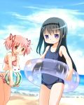  2girls akemi_homura ball beach beachball bikini black_hair hairband innertube kaname_madoka kyubey long_hair m-eine mahou_shoujo_madoka_magica multiple_girls pink_eyes pink_hair short_hair swimsuit twintails violet_eyes 