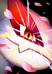  1other alternate_color black_background closed_mouth eye_focus ezgk385 falling_petals fang hashtag-only_commentary highres looking_at_viewer lugia no_humans petals pink_petals pokemon pokemon_(creature) pokemon_focus portrait red_eyes shining shiny_pokemon skin_fang solo 