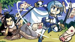  1boy 1girl :3 beard_stubble black_eyes black_hair blue_boots blue_eyes blue_hair blue_sky boots cape cardboard_cutout closed_mouth clouds commission creator_connection crossover cutting dual_wielding english_commentary facial_hair frills fur_trim hair_ornament hand_on_own_cheek hand_on_own_face highres holding holding_sword holding_weapon kyubey light_smile long_hair lying magical_girl mahou_shoujo_madoka_magica miki_sayaka miki_sayaka_(magical_girl) on_side open_mouth setz shang_bu_huan short_hair sky stubble swinging_weapon sword thunderbolt_fantasy tree weapon xiao_guan_(headdress) 