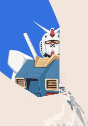  1boy amuro_ray black_boots black_gloves bodysuit boots commentary_request flying gloves gundam helmet highres jacoline mecha mecha_focus mecha_pilot_suit mobile_suit mobile_suit_gundam normal_suit_(gundam) pilot_helmet robot rx-78-2_gundam science_fiction shadow smoke space_helmet spacesuit v-fin watermark white_bodysuit yellow_eyes 