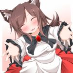  1girl :3 animal_ears blush brooch brown_hair closed_eyes imaizumi_kagerou jewelry long_hair long_sleeves nikku_(ra) open_mouth outstretched_arms smile solo tail touhou wolf_ears wolf_tail 
