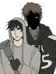  2boys afraid_of_monsters bag black_eyes black_gloves black_hair black_hoodie brotherhon56337 brown_hair creator_connection cry_of_fear david_leatherhoff fingerless_gloves gloves grey_gloves grey_hoodie hand_on_another's_shoulder highres holding_strap hood hood_down hood_up hoodie looking_to_the_side male_focus multiple_boys possessive print_hoodie shaded_face short_hair shoulder_bag simon_henriksson striped_clothes striped_hoodie turtleneck upper_body 