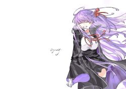  1girl bb_(fate) black_coat black_skirt black_thighhighs closed_eyes coat fate/extra fate_(series) gloves hair_ribbon hashtag-only_commentary highres long_hair long_sleeves neck_ribbon popped_collar purple_hair red_ribbon ribbon simple_background skirt smile solo tears thigh-highs very_long_hair white_background white_gloves wide_sleeves yeahheyooooooo 