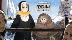  5girls :3 :d animal_costume bird black_mittens blonde_hair blue_eyes brown_hair cat chicken clumsy_nun_(diva) commentary diva_(hyxpk) duck english_commentary fake_beak fish froggy_nun_(diva) grey_hair highres little_nuns_(diva) mittens mole mole_on_cheek mole_under_mouth multiple_girls nun penguin_costume scarf smile smug_nun_(diva) snot snow spicy_nun_(diva) strict_nun_(diva) traditional_nun yellow_eyes yellow_scarf 