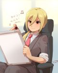  1boy afuro_terumi blonde_hair formal inazuma_eleven_(series) inazuma_eleven_go long_hair male mizuhara_aki musical_note necktie older ponytail red_eyes sitting smile solo suit 