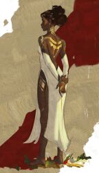  1girl absurdres aina_(mayexplode) arcane:_league_of_legends arms_behind_back bare_back bare_shoulders barefoot brown_background brown_eyes brown_hair closed_mouth commentary dark-skinned_female dark_skin detached_sleeves dreadlocks dress earrings english_commentary expressionless from_behind from_side full_body glitter glitter_makeup gold_tattoo hair_up highres holding_own_wrist jewelry league_of_legends long_sleeves mel_(league_of_legends) shade side_slit sketch solo unfinished very_dark_skin white_dress 