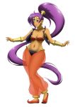  1girl arabian_clothes bandeau blue_eyes breasts choker cleavage dark_skin earrings forehead_jewel full_body grimbyslayer harem_pants highres hoop_earrings jewelry long_hair midriff navel open_vest pointy_ears pointy_shoes ponytail purple_hair see-through shantae shantae_(character) smile solo tiara transparent_background very_long_hair vest 