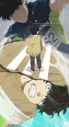  2boys age_progression black_hair clenched_teeth closed_mouth commentary_request full_body hyakuemu komiya_(hyakuemu) lidd male_focus multiple_boys running short_hair standing teeth track_and_field track_uniform 