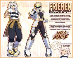  1girl alternate_costume armor black_bodysuit black_pants bodysuit capelet elf frieren full_body gloves green_eyes helmet highres jewelry long_hair multiple_views no.1_sentai_gozyuger pants pendant pointy_ears saikekuu shirt sousou_no_frieren standing super_sentai tied_shirt tokusatsu white_armor white_bodysuit white_capelet white_gloves white_helmet white_shirt 