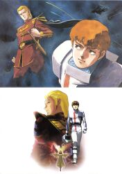  1980s_(style) 1988 1girl 2boys absurdres amuro_ray asteroid battle bindi bit_(gundam) black_hair blonde_hair blue_eyes boots brown_eyes brown_hair capelet char's_counterattack char_aznable crossed_swords curly_hair dark_skin dated dress duel earth_federation earth_federation_space_forces energy energy_sword floating funnels_(gundam) ghost gloves glowing gundam helmet highres holding holding_unworn_helmet indian_clothes kitazume_hiroyuki lalah_sune looking_back mecha mecha_pilot_suit military military_rank_insignia military_uniform mobile_suit mullet multiple_boys neo_zeon nu_gundam official_art outstretched_arms promotional_art retro_artstyle rivalry robot sazabi scan science_fiction short_hair signature space spacesuit spirit spoilers star_(sky) sword traditional_media tunic unworn_headwear unworn_helmet v-fin walking_towards_viewer weapon when_you_see_it zero_gravity 