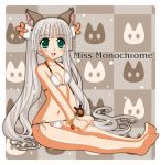  1girl animal_ears bikini cat_ears checkered checkered_background green_eyes highres leonard_liew long_hair miss_monochrome miss_monochrome_(character) silver_hair swimsuit twintails 
