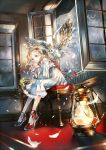  1girl bare_shoulders bird blonde_hair blue_eyes crown dress feathers flying from_below indoors lantern leaning_forward looking_at_viewer moon moonlight night noki_(affabile) original owl plant potted_plant ribbon shiny shiny_skin sitting smile tree white_dress wind window 