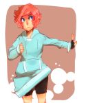  1girl bike_shorts blue_eyes fingerless_gloves gloves hoodie kumatora maple_(maplehimes) mother_(game) mother_3 pink_hair short_hair solo tomboy 