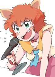  1girl animal_ears aqua_eyes blue_necktie bow bow_choker choker collarbone facial_mark fangs fox_ears fox_girl gan2 highres holding holding_microphone koto_(yu_yu_hakusho) microphone necktie open_mouth orange_hair red_bow red_choker shirt short_hair short_necktie simple_background sleeveless sleeveless_shirt solo spitting square-end_necktie v-shaped_eyebrows whisker_markings white_background white_shirt wristband yu_yu_hakusho 