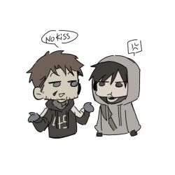  2boys afraid_of_monsters anger_vein bag beard_stubble black_gloves black_hair black_hoodie black_shirt brotherhon56337 brown_hair chibi chibi_only chinese_commentary commentary_request creator_connection cry_of_fear david_leatherhoff english_text facial_hair fingerless_gloves gloves grey_hoodie hands_up hood hood_down hood_up hoodie male_focus multiple_boys scar scar_on_face shirt short_hair shoulder_bag simon_henriksson spoken_anger_vein striped_clothes striped_hoodie stubble turtleneck 