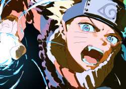  1boy 333takoyaki absurdres blue_eyes commentary_request facial_mark flak_jacket forehead_protector highres jacket konohagakure_symbol male_focus naruto_(classic) naruto_(series) orange_jacket rasengan solo spiky_hair uzumaki_naruto whisker_markings 